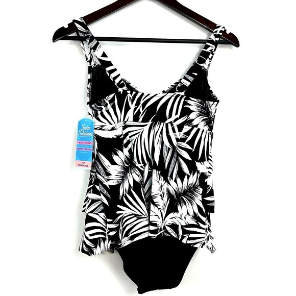 Swim Solutions Feather Bloom Black White Triple Tier One Piece Swimsuit Sz 8 - Picture 7 of 12